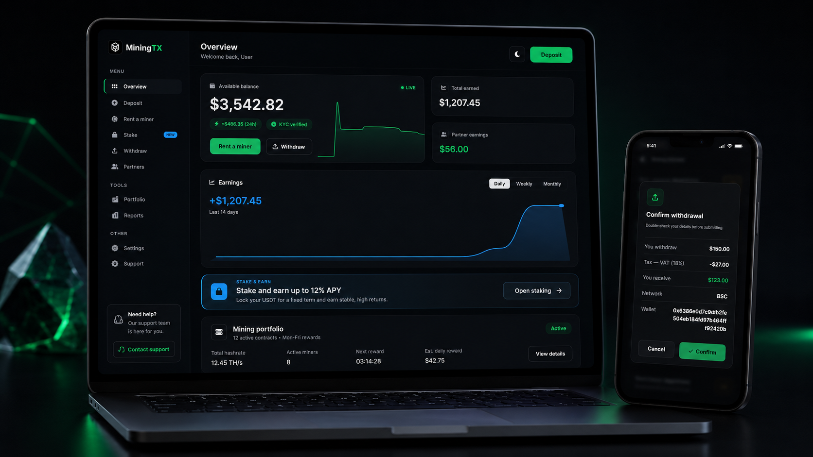 MiningTX dashboard on laptop and phone